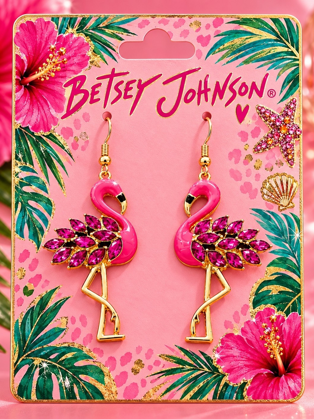 Betsey Johnson Pink Flamingo Drop Earrings with Fuchsia Stones